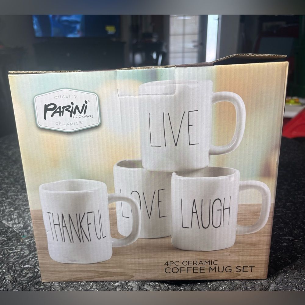 New Parini Ceramic 4pc White 'Live Love Laugh Thankful' Coffee Mug Set